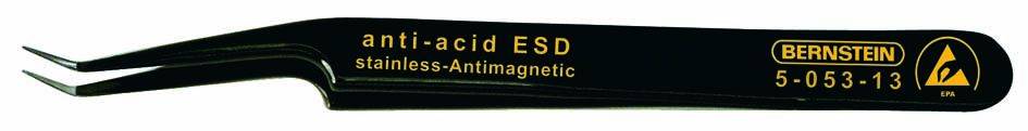 Pince à épiler en acier inoxydable noir, antimagnetique, portant l'inscription 'anti-acid ESD', 'stainless-antimagnetic', le nom de marque et le numéro de modèle.