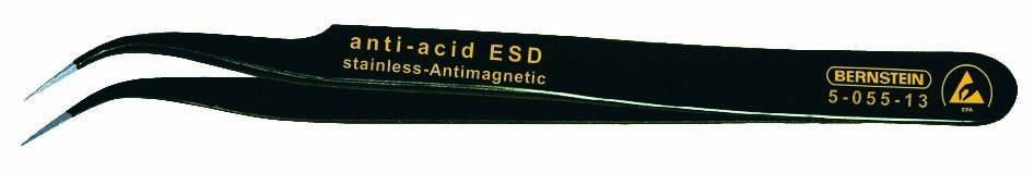 Pinces ESD noires en acier inoxydable antimagnétique, courbées, avec l'inscription 'anti-acid ESD', marquées du logo Bernstein.
