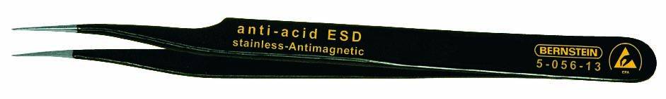Pince anti-magnétique noire avec l'inscription « anti-acid ESD stainless Antimagnetic », sur le côté « BERNSTEIN 5-056-13 ».