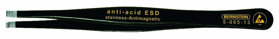 Une pince à épiler en acier inoxydable noir, antimagnetique, portant l'inscription 'anti-acid ESD'. Le nom du fabricant et le numéro de modèle sont visibles.