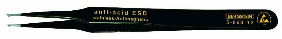 Pince de précision noire avec l'inscription « anti-acid ESD inox antimagnétique ». Fabricant : Bernstein, Numéro de modèle : 5-066-13.