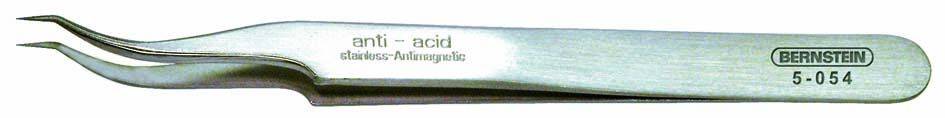 Pince à épiler métallique coudée portant l'inscription 'inox - antimagnetique inoxydable', adaptée aux travaux précis en mécanique de précision.