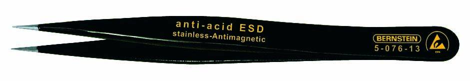Pince à épiler en acier inoxydable noir antimagnétique avec inscription : anti-acide ESD, antimagnétique en acier inoxydable. Numéro de modèle 5-076-13, marque Bernstein.
