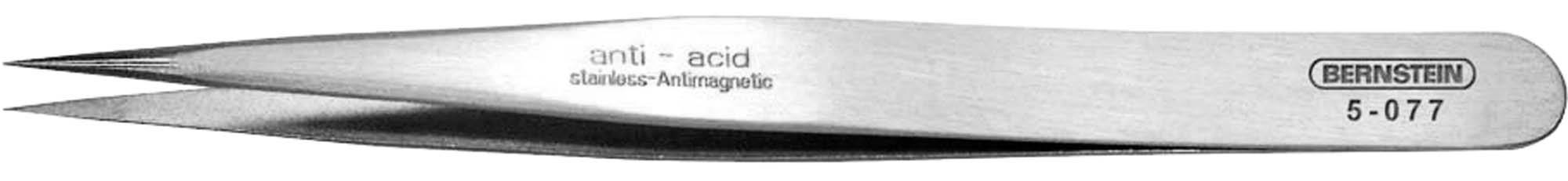 Pince à épiler en acier inoxydable à pointe fine, adaptée aux travaux électroniques. Inscription : 'anti-acid stainless' et 'DIENSTEN 5-077'.