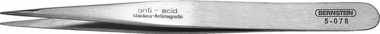 Pince à épiler en acier inoxydable avec gravure 'anti-acid', marque 'Bernstein', numéro de modèle '5-078'. Adaptée aux travaux de précision en laboratoire.