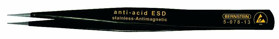 Pince à épiler en acier inoxydable antistatique à pointe fine, avec inscription 'anti-acid ESD', adaptée aux travaux électroniques délicats.