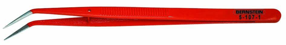 Pince de précision rouge à pointes courbées ; idéale pour les travaux délicats ou la manipulation de petits objets.