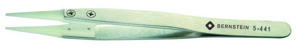Pince à épiler de précision en argent avec pointe courbée, adaptée aux travaux fins ou au montage électronique. Inscription : 'BERNSTEIN 5-441'.
