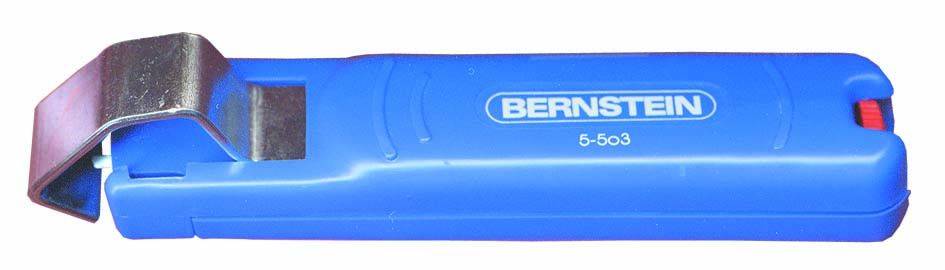Décapant de câbles bleu de la marque 'Bernstein', numéro de modèle '5-603', avec une lame métallique argentée en haut et un curseur rouge sur le côté.
