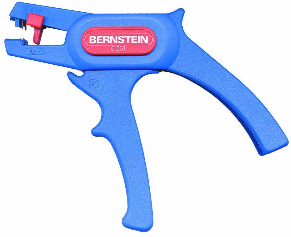 Pince à dénuder de marque 'Bernstein' en bleu avec insert rouge. Outil destiné au dénudage de câbles.