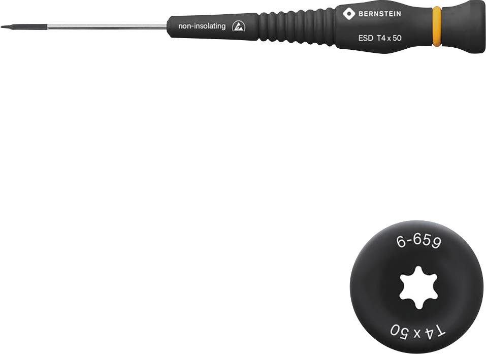 Tournevis ESD non isolant T4 x 50 avec manche noir et logo BERNSTEIN. Indique la taille du tournevis '6-659'.