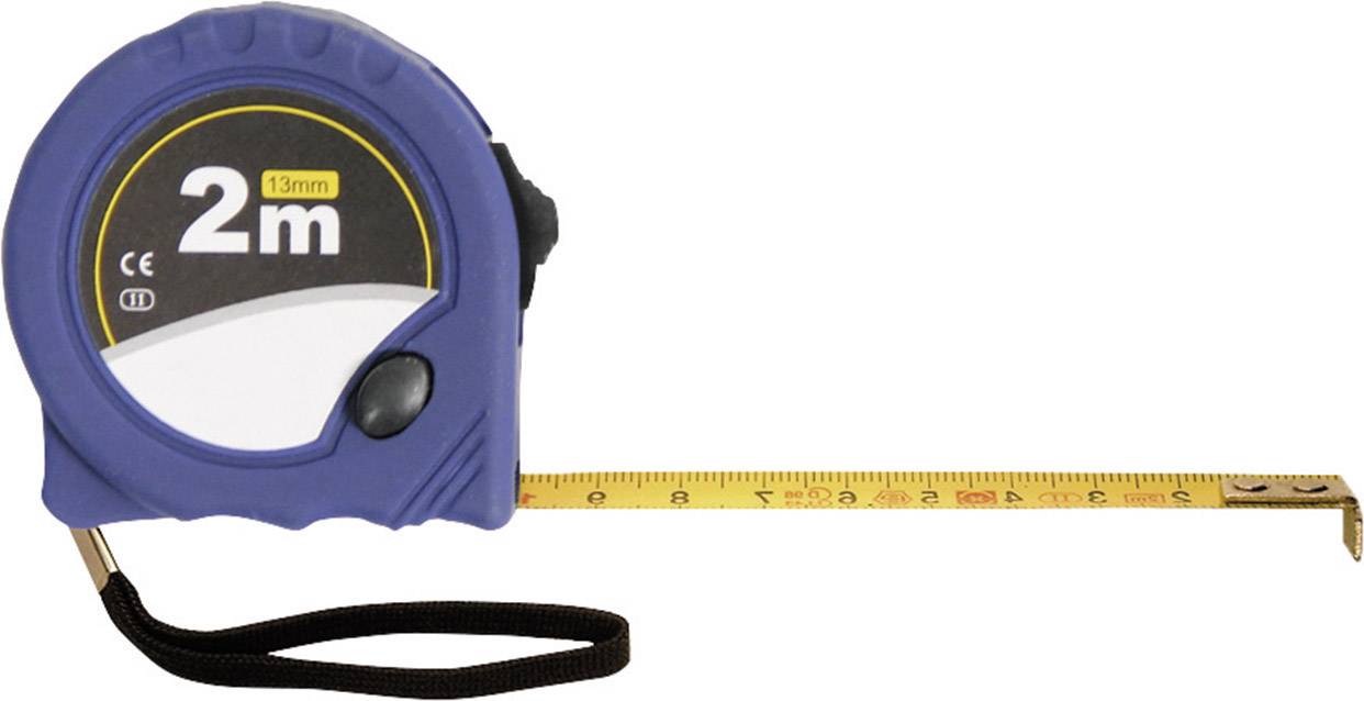 Un mètre ruban bleu de deux mètres de long, avec un ruban jaune déplié.