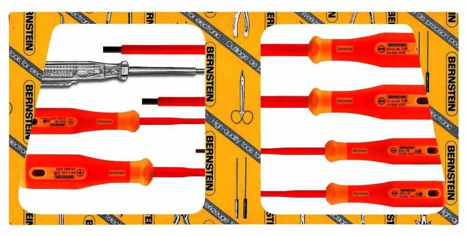 Coffret à outils 'BERNSTEIN' : Six tournevis orange, un testeur de tension, sur un fond jaune avec le logo de la marque et les outils.