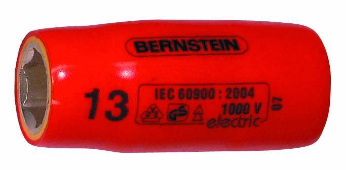 Clé d'isolation rouge avec étiquettes : 'Bernstein', '13', 'IEC 60900 : 2004', '1000 V', adaptée aux travaux électriques.
