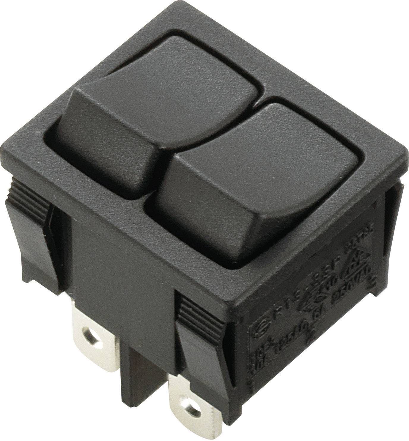 Interrupteur noir en réseau avec deux interrupteurs à bascule et trois connexions enfichables argentées, adapté aux appareils électriques.