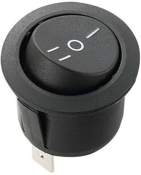 Interrupteur à bascule noir rond, indiquant la position 'Éteint'. Adapté pour le contrôle du flux électrique dans les appareils électroniques.