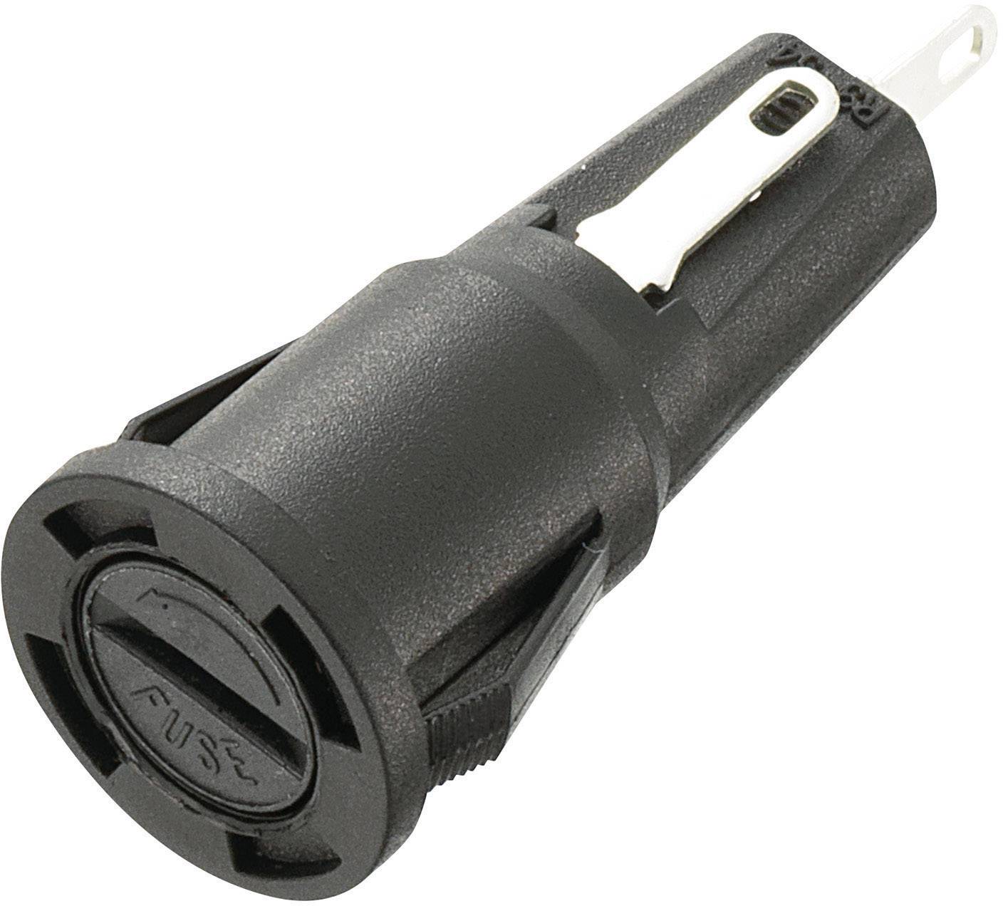 Un support de fusible noir avec une languette de fixation, utilisé pour sécuriser des appareils électroniques.