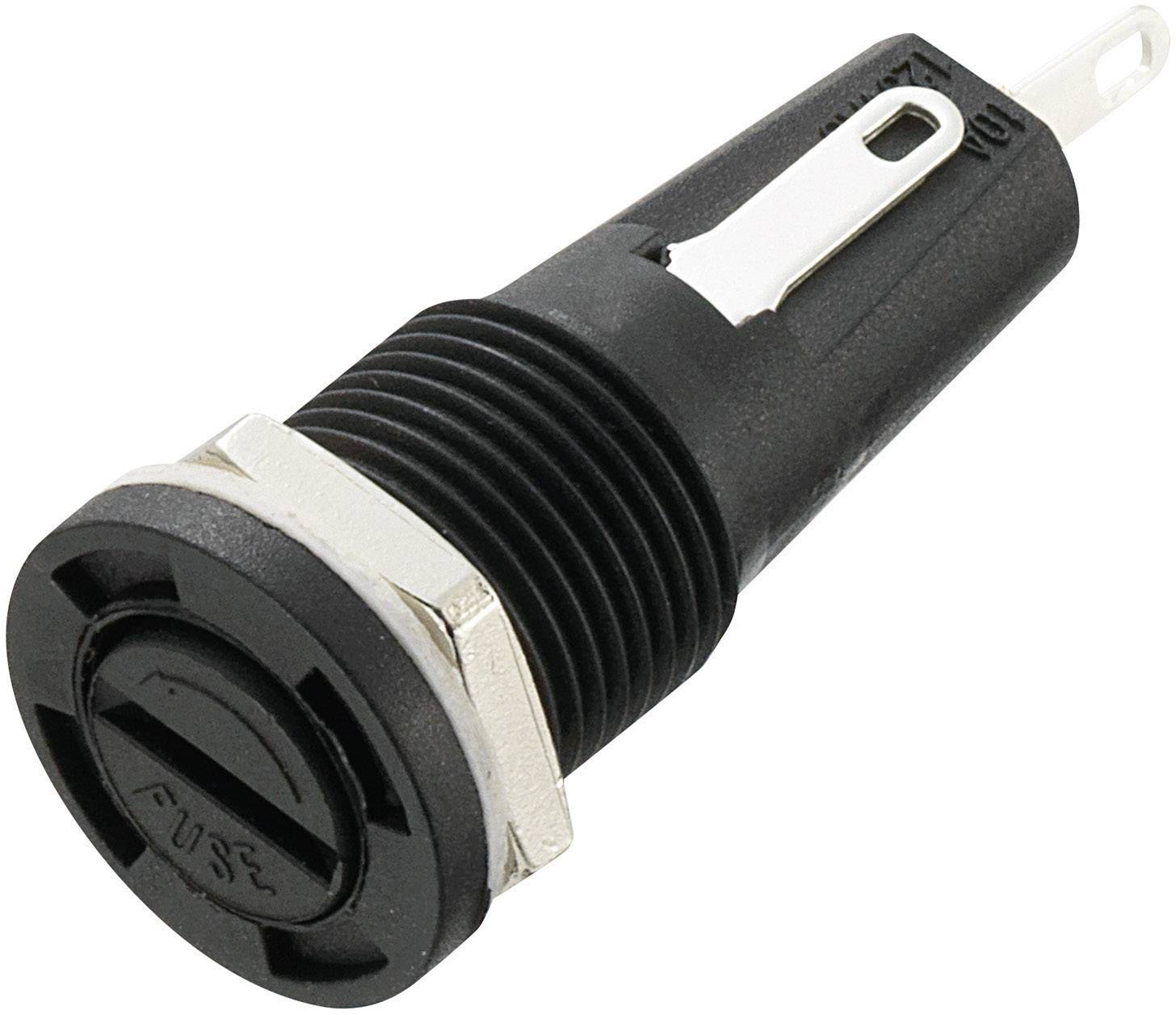Un support de fusible noir et argenté en plastique et en métal, avec un filetage de vis et une borne de connexion, destiné à être monté dans un appareil.
