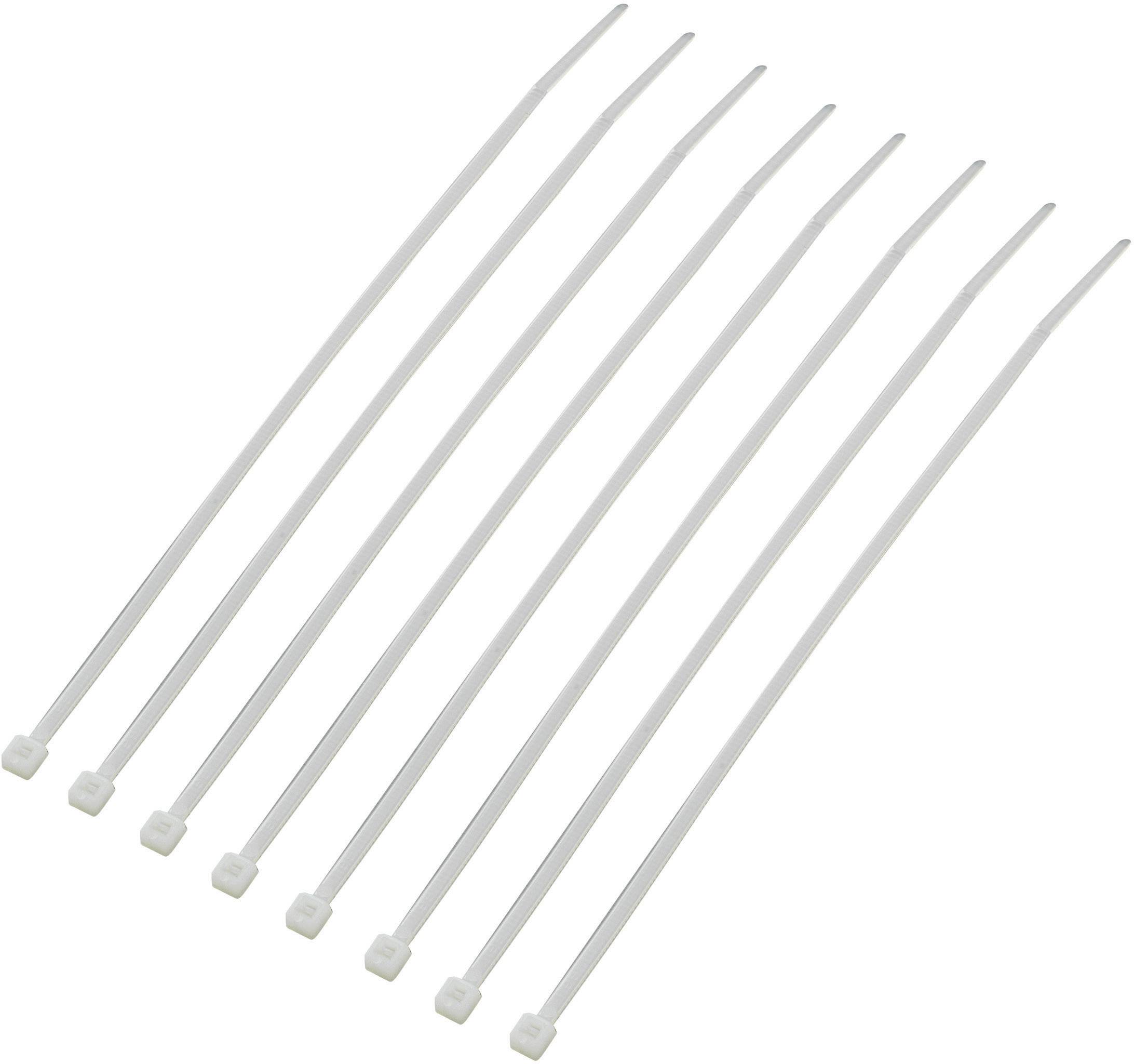 Huit attaches de câble blanches alignées côte à côte sur un fond blanc.