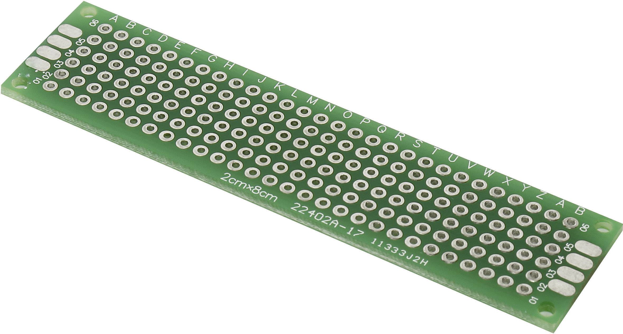Carte de circuit imprimé verte à matrice de trous, rectangulaire, avec de nombreuses perforations pour le montage de composants électroniques. Dimensions : 2 cm x 8 cm.