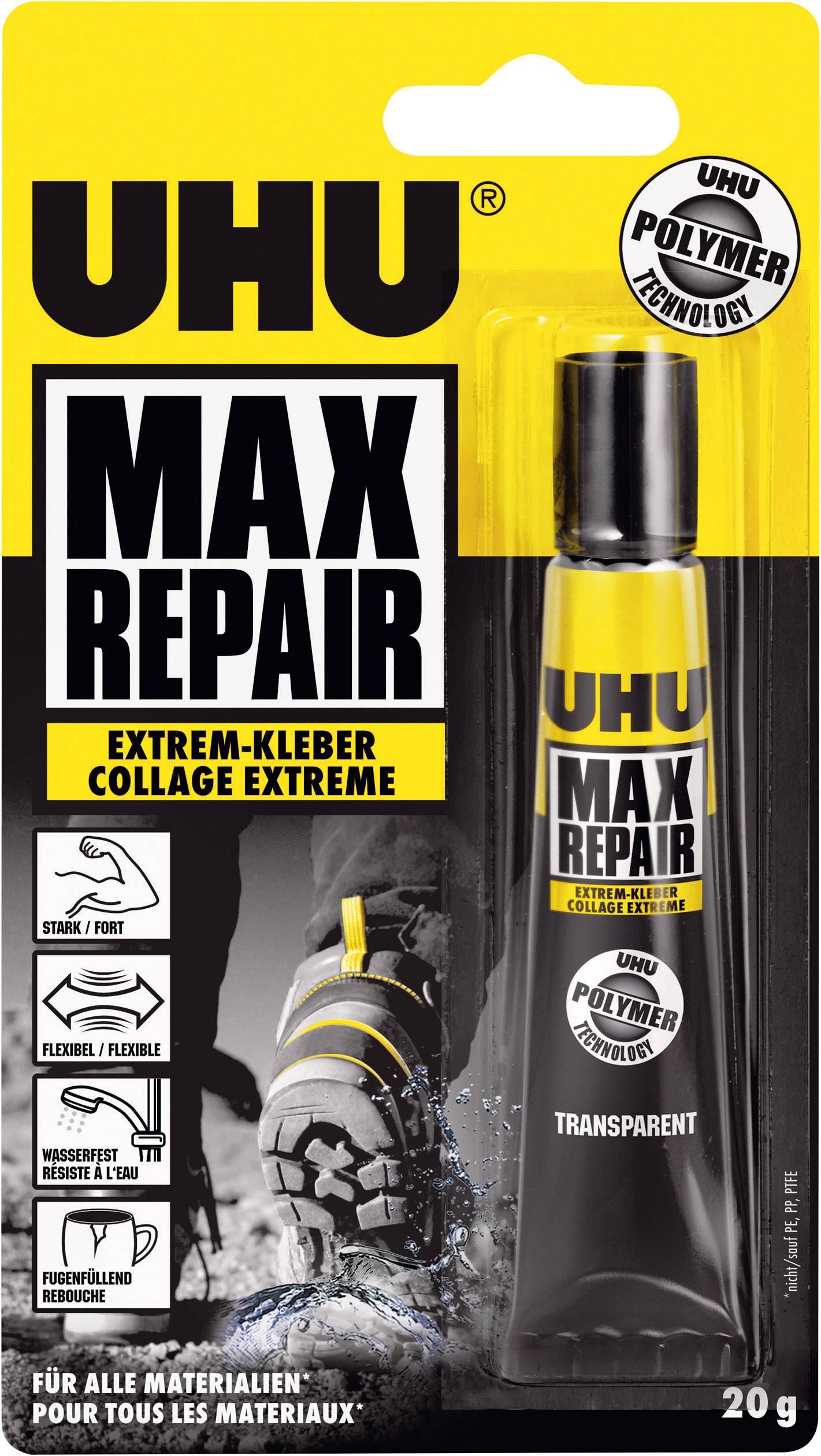 Emballage d'une colle UHU Max Repair. Présente une réparation de chaussure avec une colle étanche et puissante pour tous les matériaux.