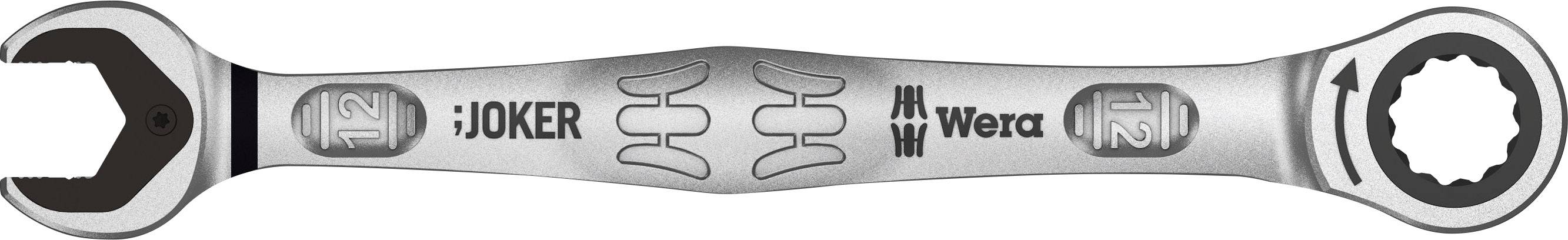 Clé à molette portant les inscriptions 'Joker' et 'Wera', présentant un design symétrique avec différentes têtes d'outils à chaque extrémité.