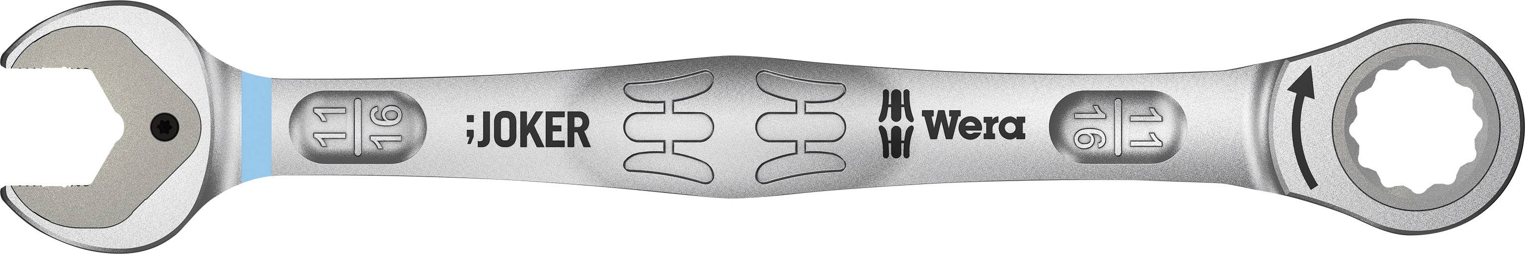 Clé Joker de Wera, avec côté ouvert et côté à cliquet, de couleur argentée, présentant des motifs trapézoïdaux et le symbole de direction de rotation.