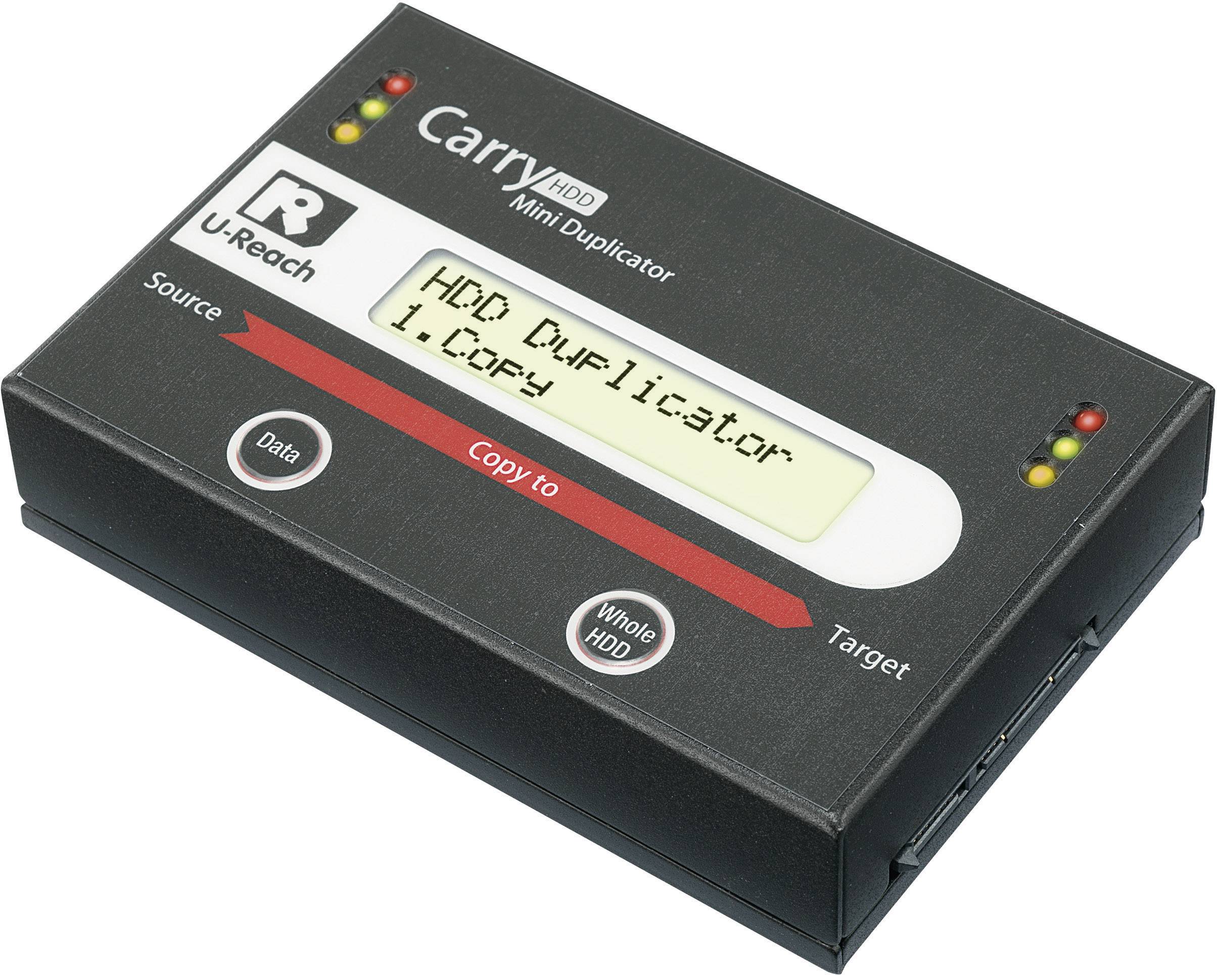 Duplicateur de disque dur externe. L'écran affiche 'HDD Duplicator 1.Copie'. Touches : Données, Disque dur complet, Source, Destination.