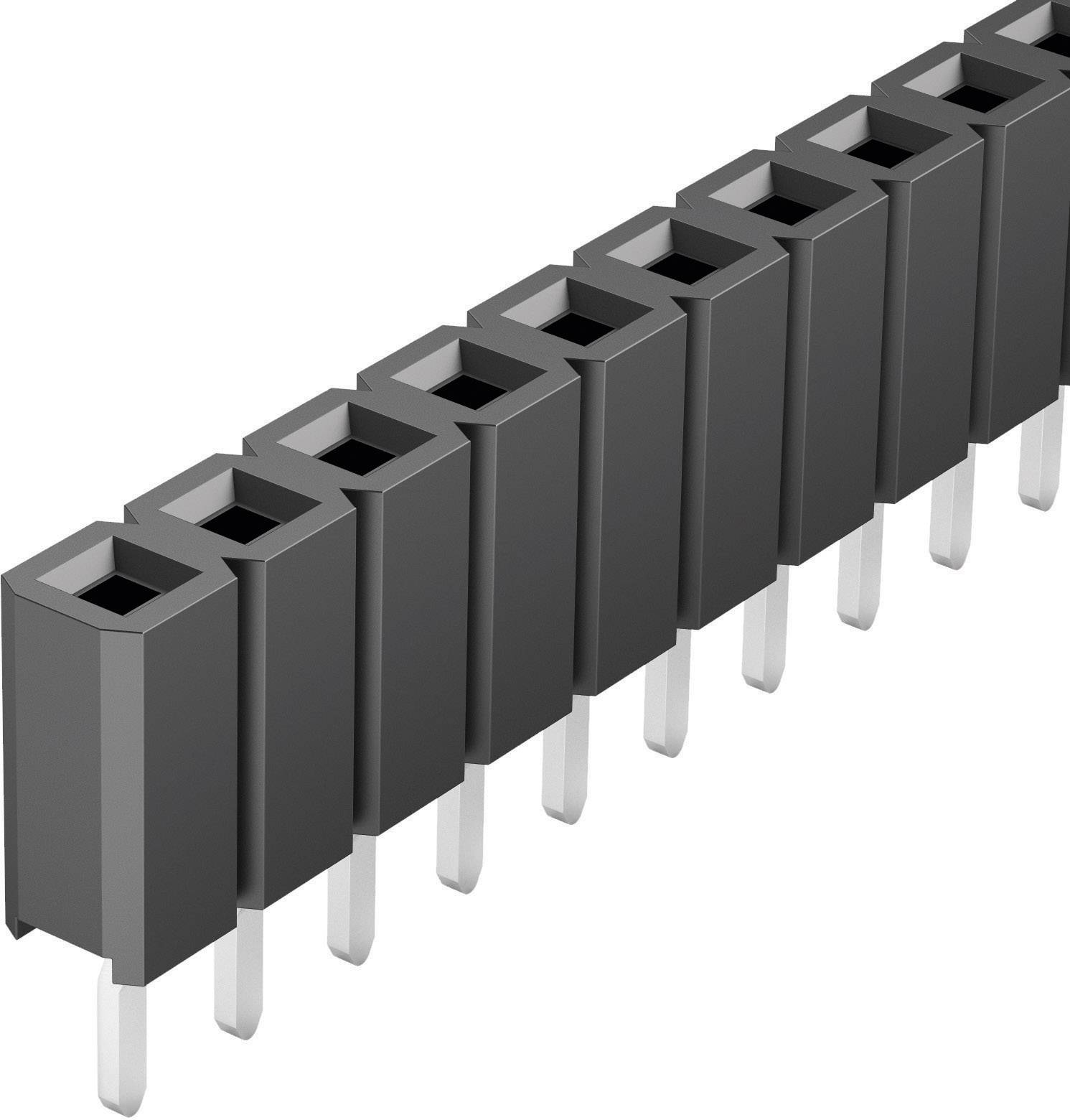 Une rangée de neuf connecteurs noirs à broches métalliques utilisés pour les circuits électroniques.