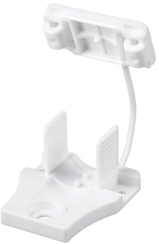 'Connecteur de meuble blanc en plastique, composé de deux parties, avec un fil de liaison pour le montage d'étagère ou d'armoire.'