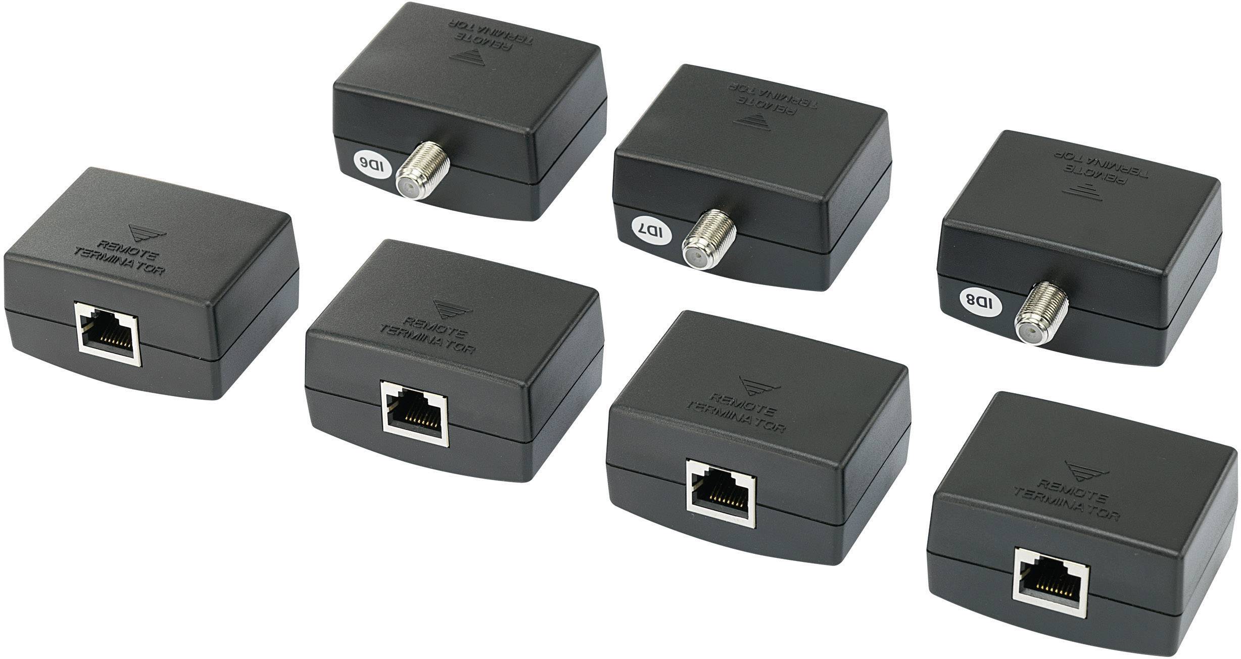 Six adaptateurs réseau noirs avec des connexions Ethernet et coaxiales, disposés en deux rangées. Ils sont identiques et servent à connecter des signaux de réseau.