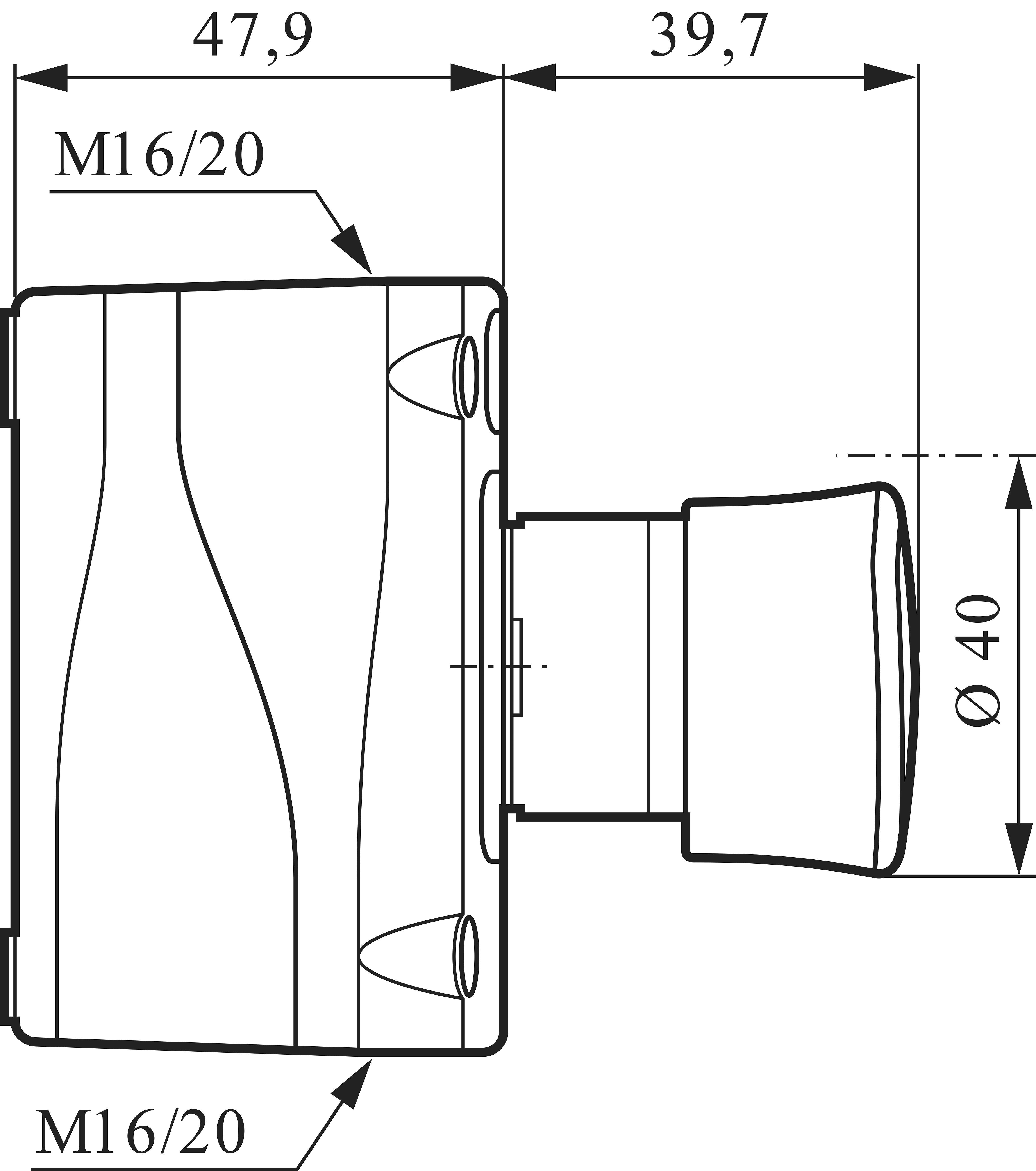 Dessin technique d'un composant cylindrique avec les dimensions suivantes : largeur totale 47,9, longueur de la partie cylindrique 39,7, diamètre 40, filetage M16/20.