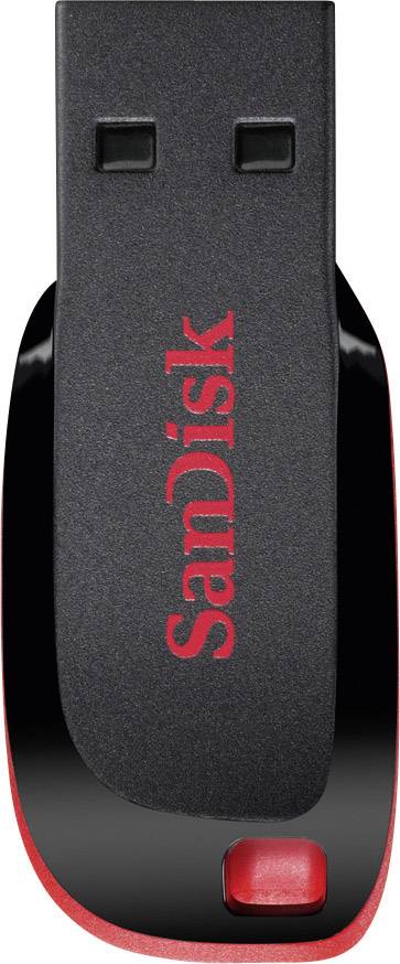 Clé USB noire avec logo rouge 'SanDisk'. Forme rectangulaire aux angles arrondis.