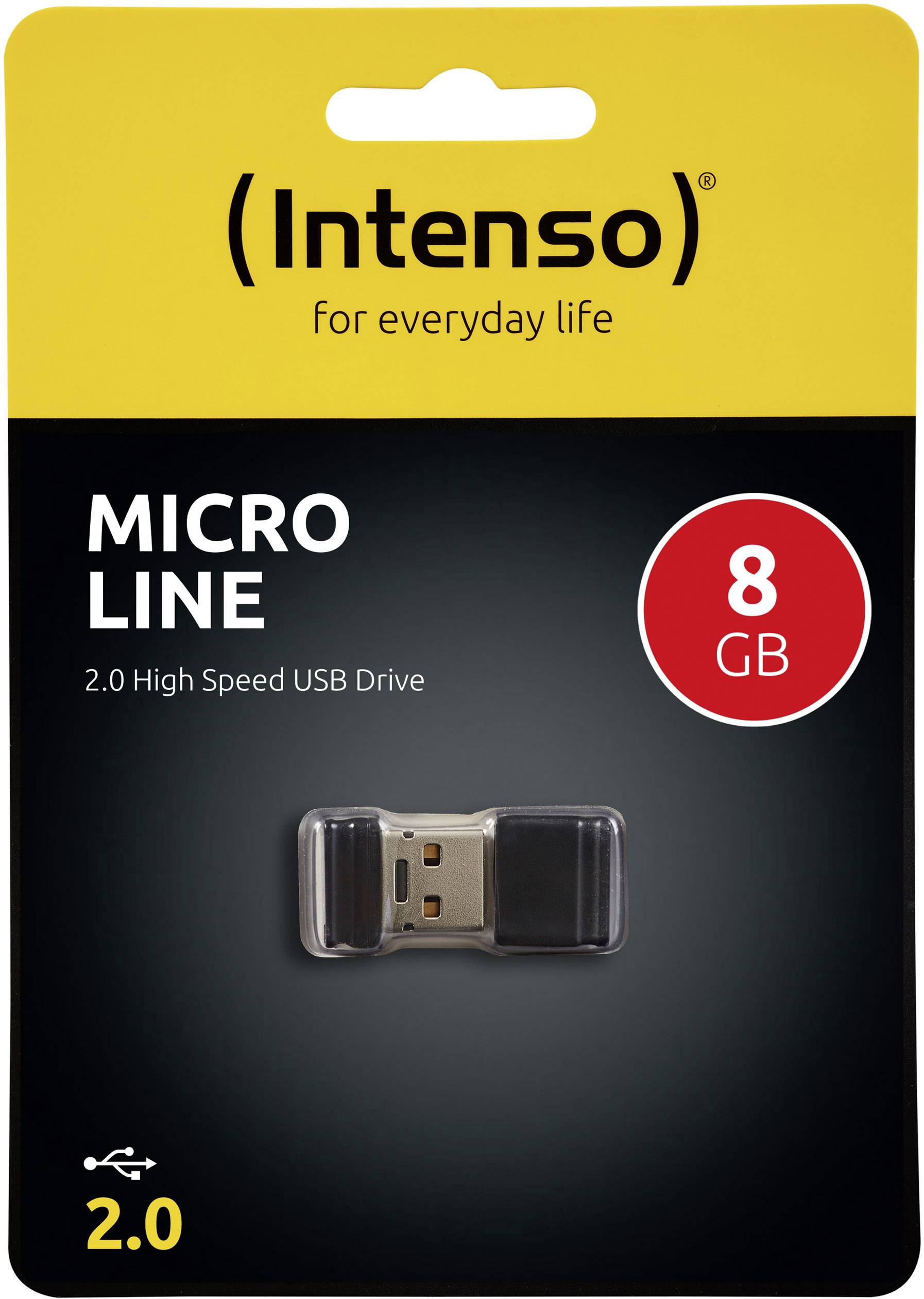 Clé USB 'Intenso Micro Line' de 8 Go, adaptée aux transferts High Speed 2.0, dans un emballage noir.
