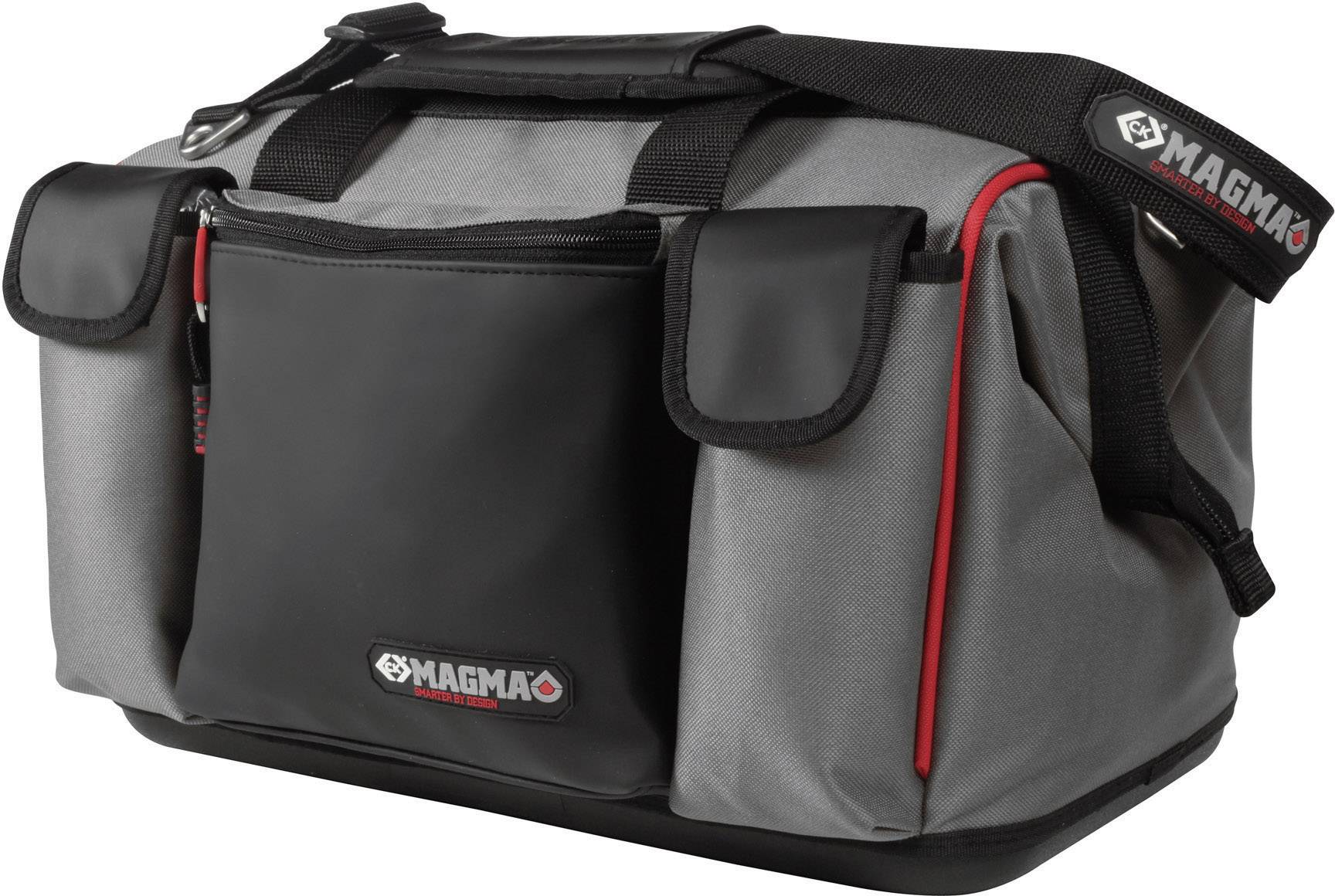 Sacoche grise et noire pour outils avec détails rouges et plusieurs compartiments, adaptée au transport d'outils ou d'équipements.