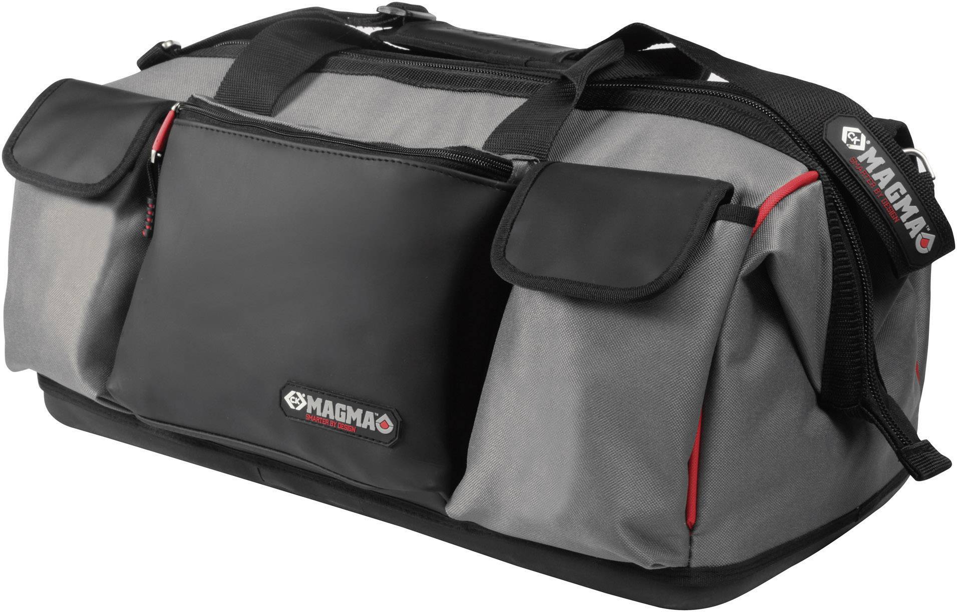 Sac de sport gris et noir avec plusieurs compartiments, fermeture à glissière noire et poignées. Logo de la marque 'Magma' visible sur la face avant.