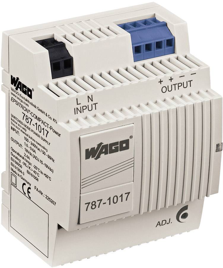 Appareil électrique blanc avec des connexions pour 'Input' en haut à gauche et 'Output' à droite. Logo WAGO visible. Montage sur rail DIN.