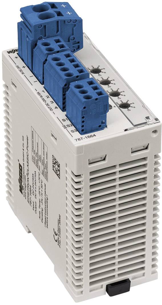 Un composant électronique blanc avec des connexions bleues sur le dessus. Il comporte des fentes de ventilation et des informations techniques sur le côté.