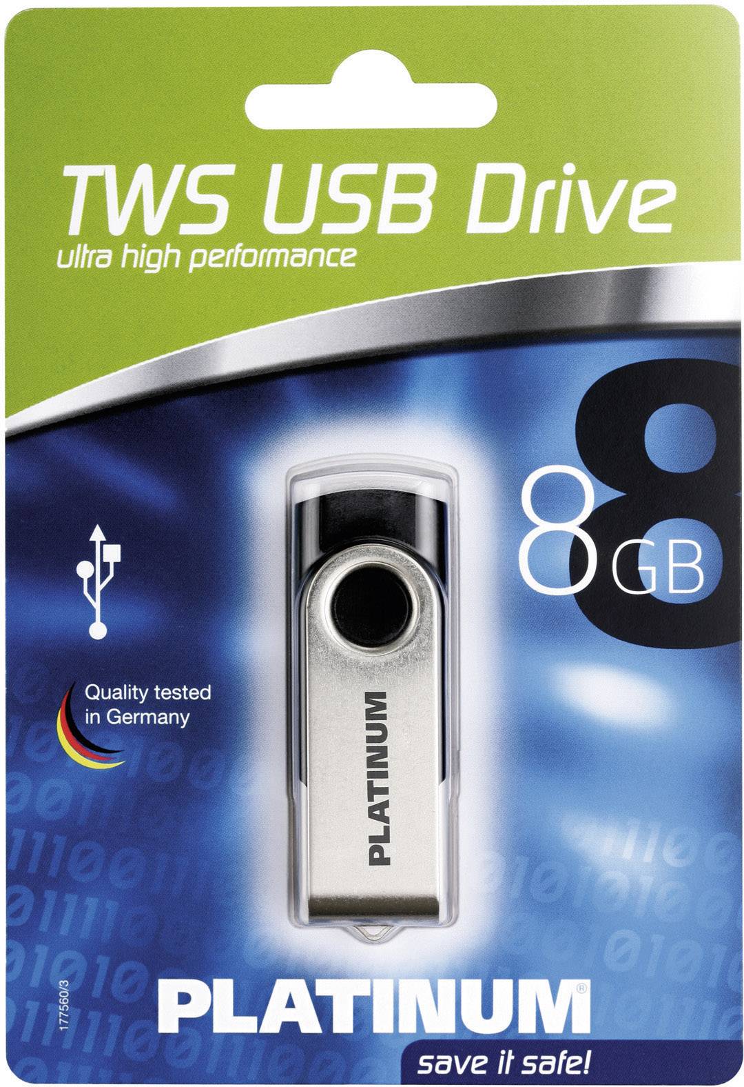 Emballage de clé USB TWS de 8 Go. 'Ultra haute performance' et 'Qualité testée en Allemagne' sont mis en évidence.