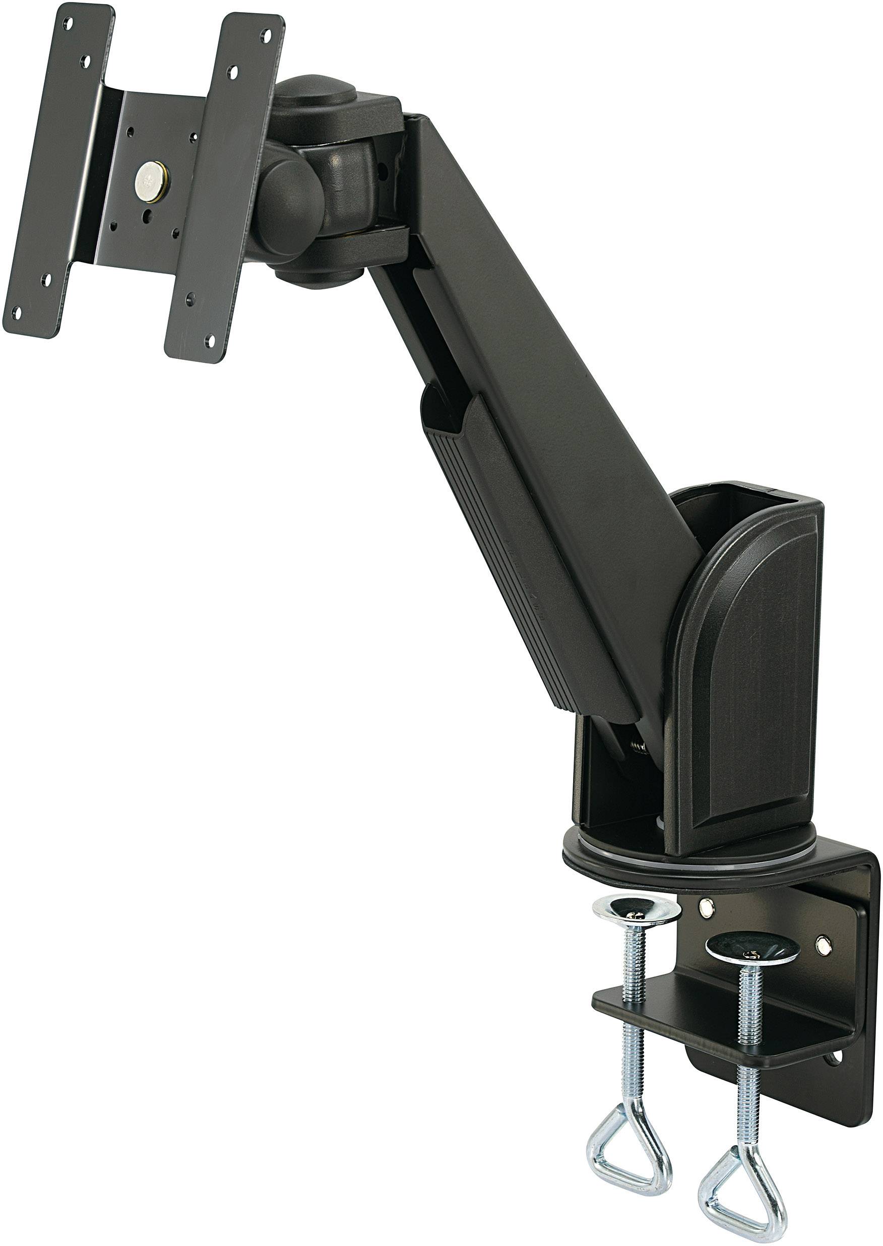Un bras de moniteur noir et ajustable avec fixation par pince pour bureaux. Adapté aux moniteurs standard pour un positionnement flexible.