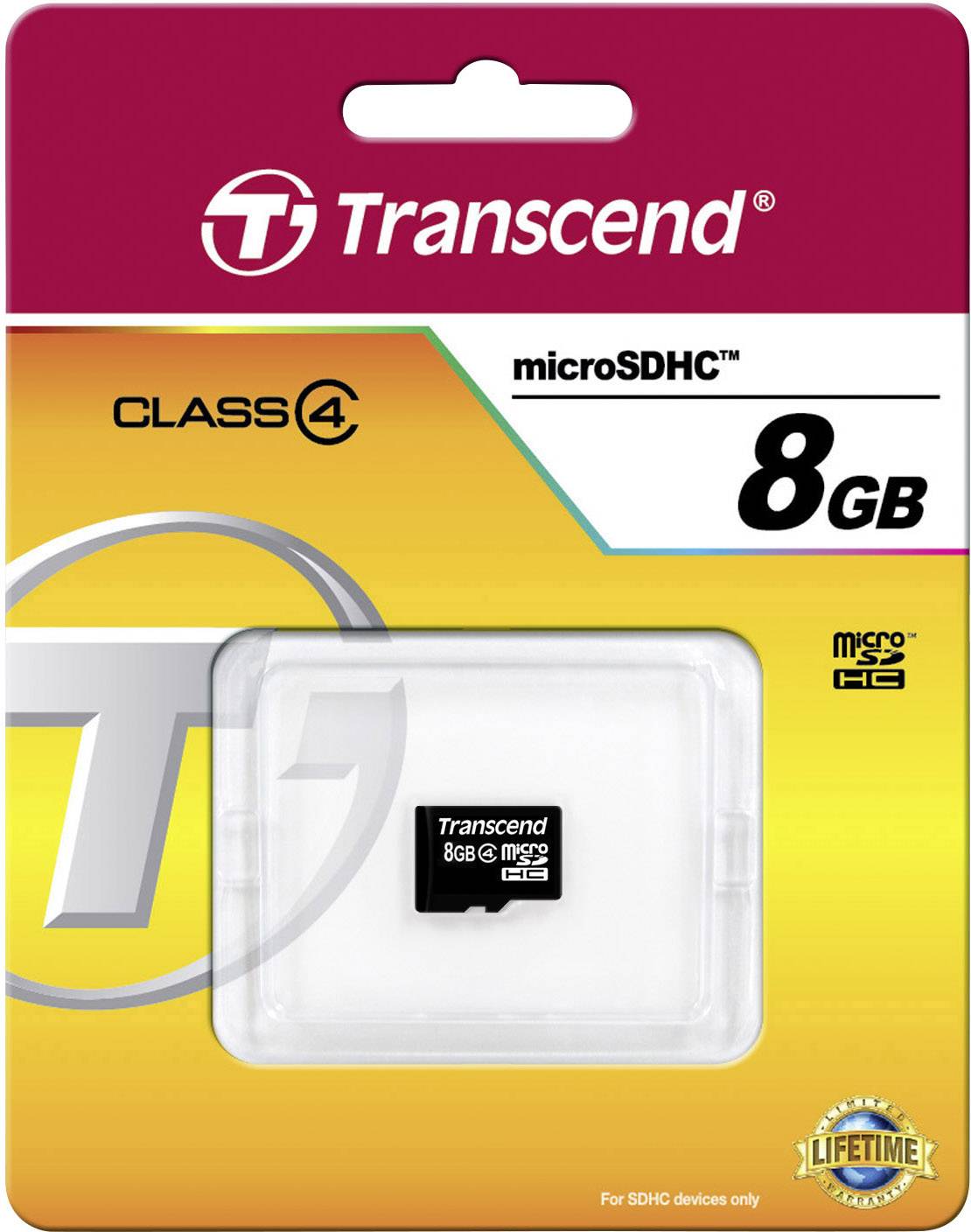 Une carte mémoire Transcend microSDHC de 8 Go, Class 4. L'emballage affiche le logo et indique une garantie à vie.