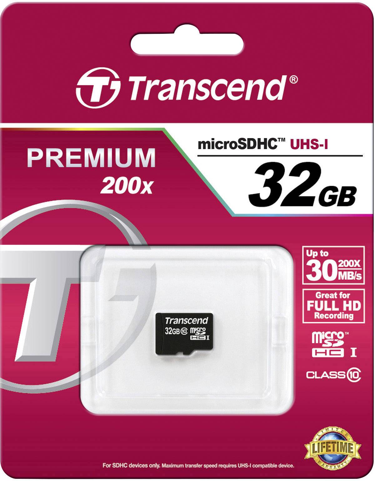 Carte mémoire microSDHC Transcend Premium de 32 Go en emballage plastique, adaptée aux enregistrements Full HD jusqu'à 30 Mo/s, Classe 10.