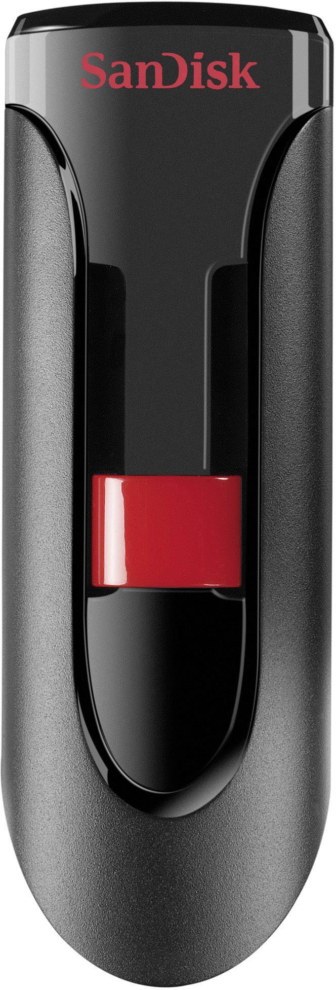 Une clé USB noire avec un mécanisme coulissant rouge et le nom de la marque en rouge en haut.