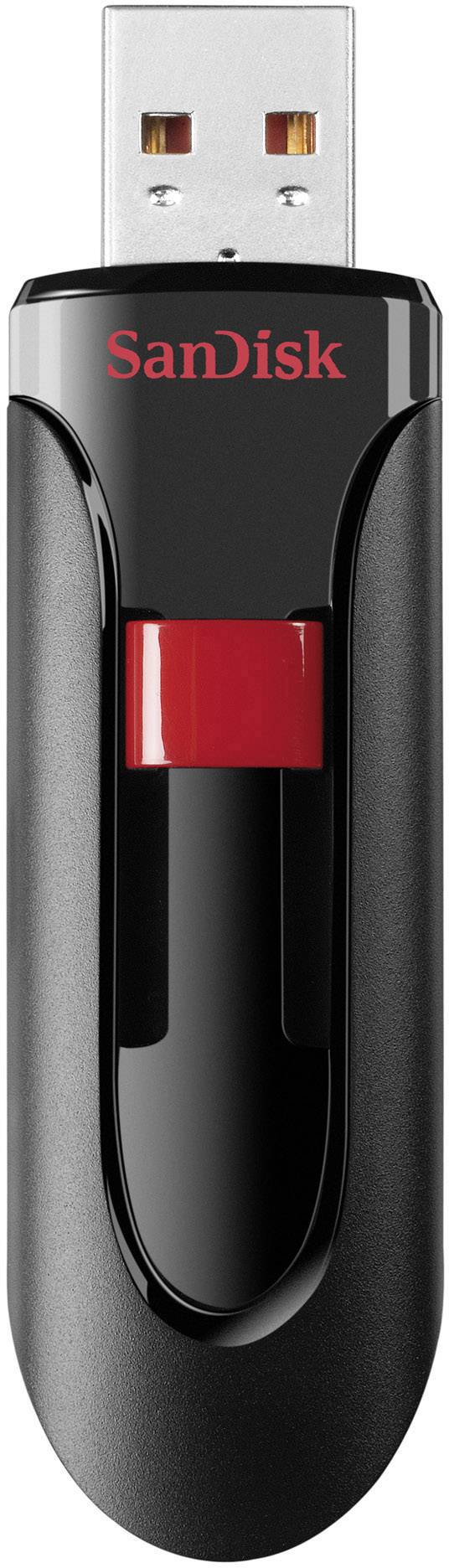 Une clé USB noire de la marque SanDisk avec un mécanisme coulissant rouge. Adaptée au stockage et au transfert de données.