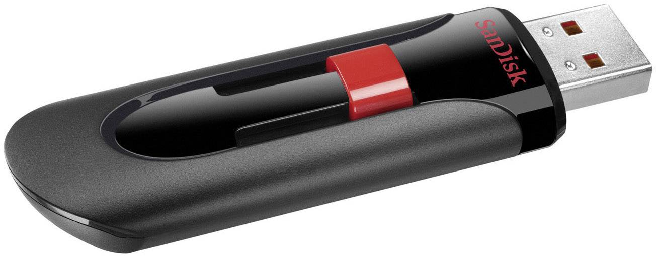 Une clé USB noire avec un mécanisme coulissant rouge, portant la marque 'SanDisk', est posée sur un fond blanc.