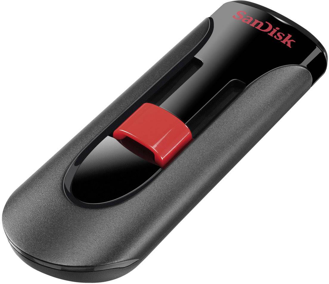 Une clé USB noire avec un curseur rouge, de marque SanDisk.