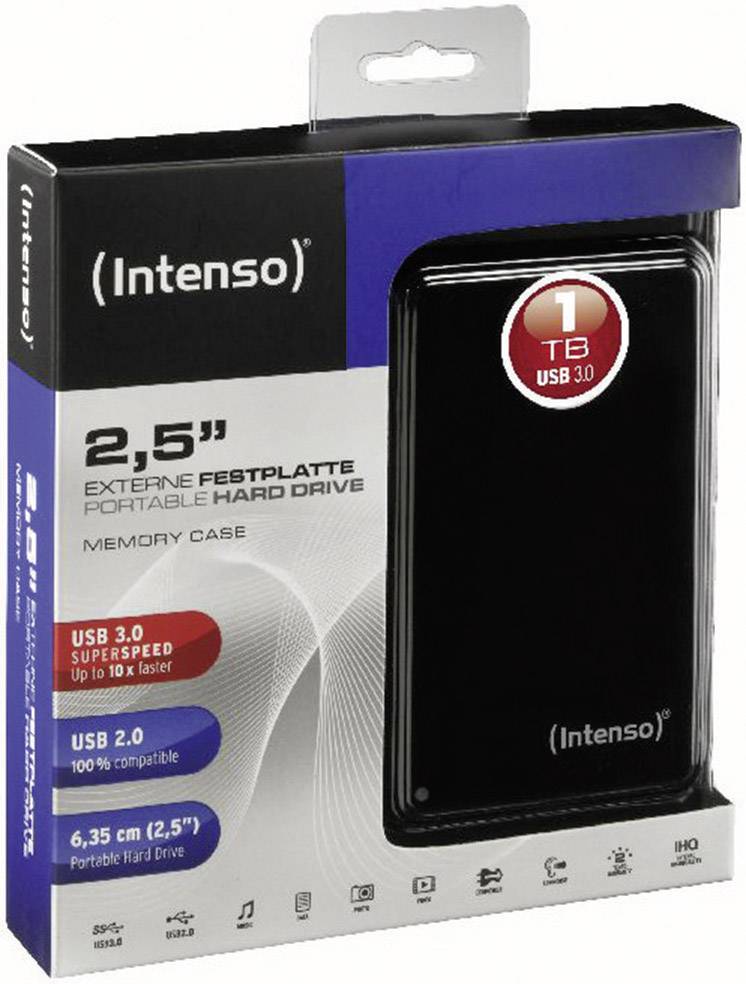 Disque dur externe, 2,5 pouces, 1 To de stockage, USB 3.0, Intenso. Emballage en noir et bleu avec détails techniques et logos.