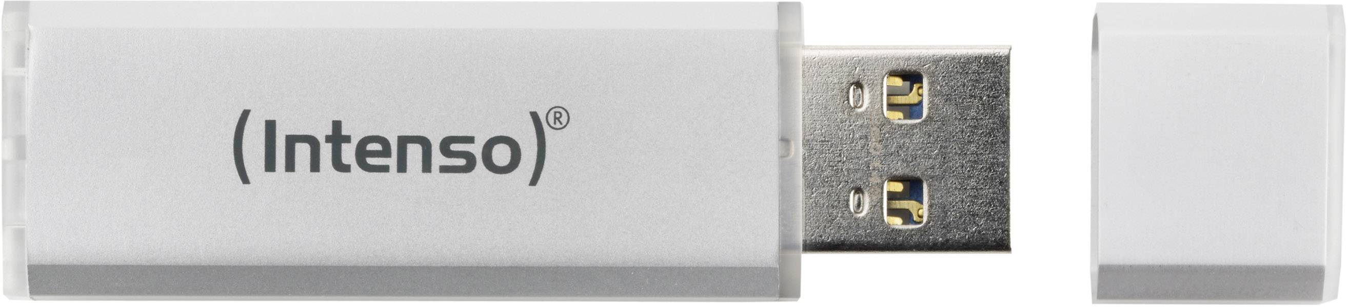 Clé USB de la marque 'Intenso' avec le capuchon retiré, montrant le connecteur USB. Appareil au design argenté sur fond blanc.