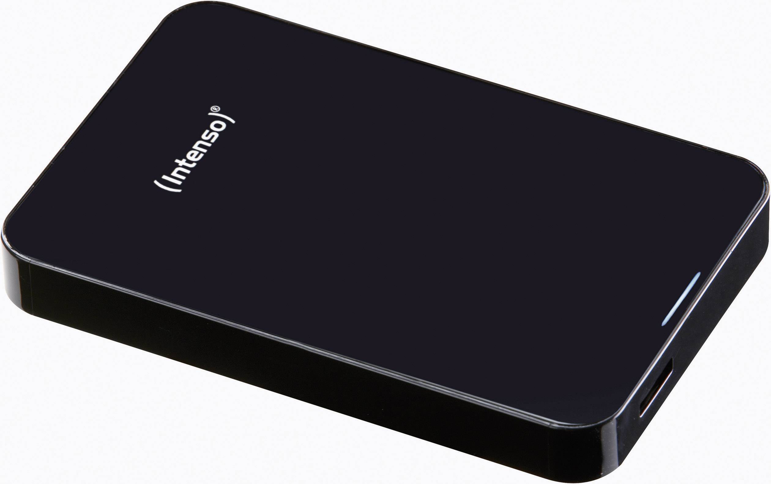 Un disque dur externe noir portant le nom de marque 'Intenso' sur sa surface.