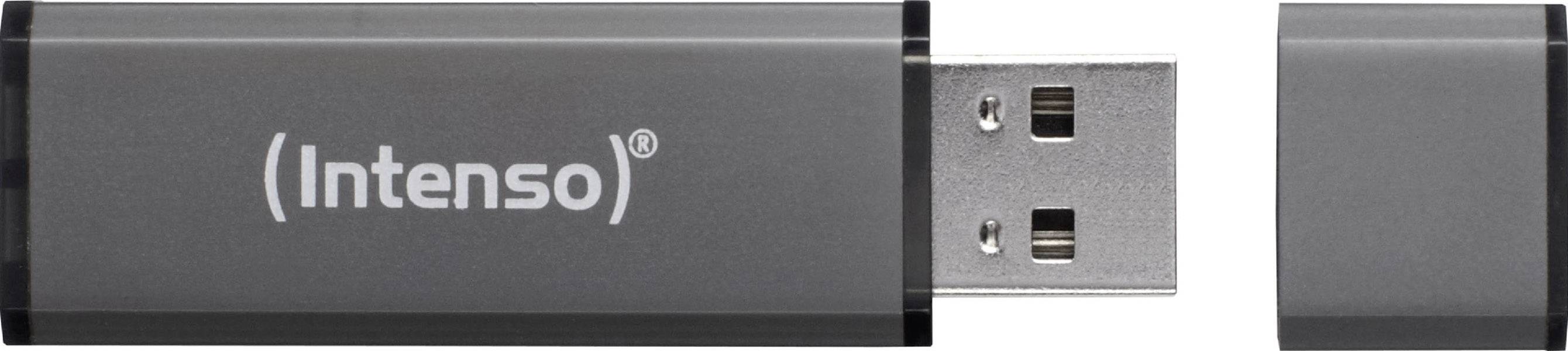 Clé USB Grauer 'Intenso' avec capuchon retiré, présentée dans une orientation horizontale.